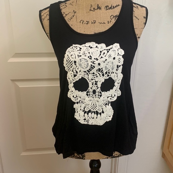 Crochet Sugar Skull Black Racerback‎ Sleeveless Tank Top Size M - Picture 4 of 8